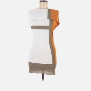 Colorblock Off the Shoulder Sheath Dress in White, Tan & Orange